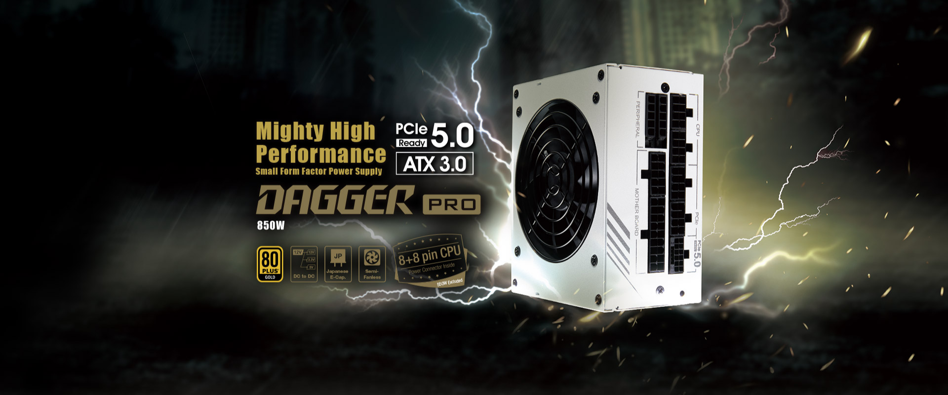 A large marketing image providing additional information about the product FSP Dagger PRO 850W Gold PCIe 5.0 SFX Modular PSU - White - Additional alt info not provided